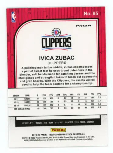 Ivica Zubac 2019-20 Hoops Premium Stock Green card Los Angeles Clippers NBA NM-MT