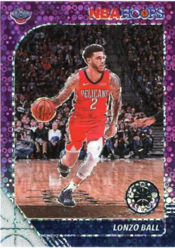 Lonzo Ball basketball card from 2019-20 Hoops Premium Stock Purple Disco NM-MT