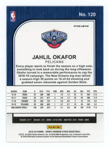 Jahlil Okafor 2019-20 Hoops Premium Stock Purple Disco basketball card from Pelicans