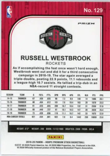 Russell Westbrook basketball card from 2019-20 Hoops Premium Stock Purple Disco set