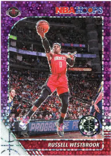 Russell Westbrook basketball card from 2019-20 Hoops Premium Stock Purple Disco edition