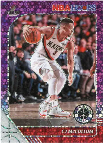 CJ McCollum basketball card from 2019-20 Hoops Premium Stock Purple Disco #158 NM-MT