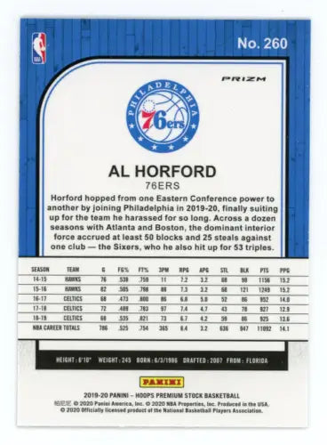 Al Horford 2019-20 Hoops Premium Stock Purple Disco basketball card Philadelphia 76ers