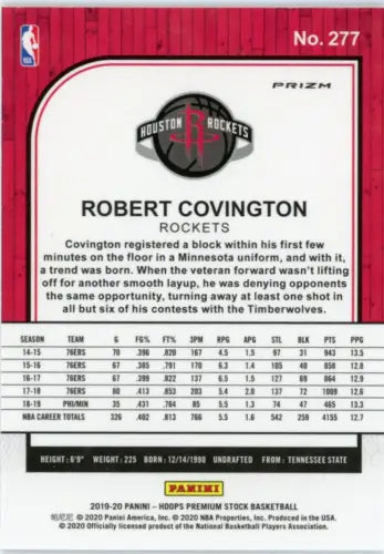 Basketball card back of 2019-20 Hoops Premium Stock Purple Disco Robert Covington Rockets