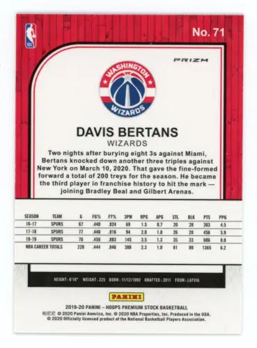 Davis Bertans basketball card from 2019-20 Hoops Premium Stock Purple Disco set