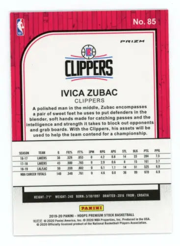 Ivica Zubac 2019-20 Hoops Premium Stock Purple Disco Card LA Clippers NM-MT