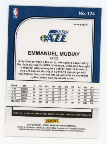 Emmanuel Mudiay 2019-20 Hoops Premium Stock Silver NBA Card Utah Jazz NM-MT