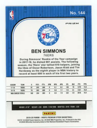 Ben Simmons 2019-20 Hoops Premium Stock Silver #144 Basketball Card Philadelphia 76ers