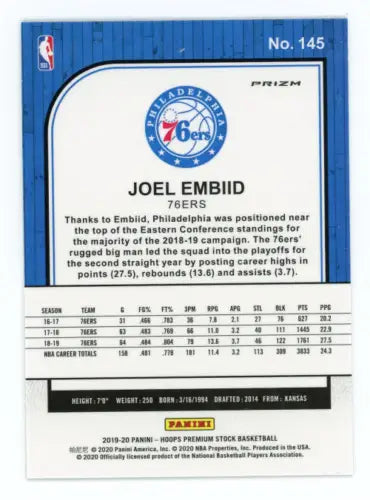 Joel Embiid basketball card 2019-20 Hoops Premium Stock Silver Philadelphia 76ers