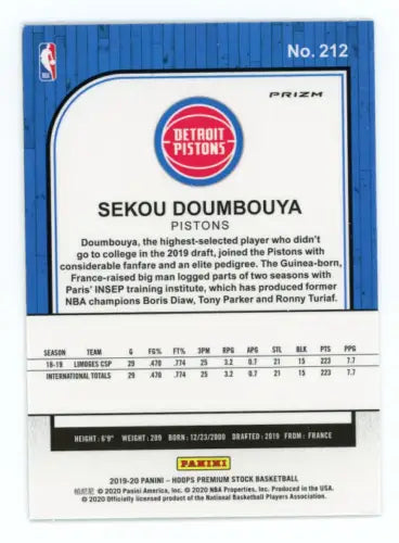 Sekou Doumbouya basketball card from 2019-20 Hoops Premium Stock Silver collection