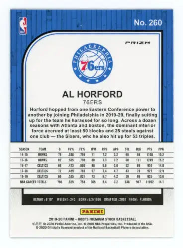 Al Horford 2019-20 Hoops Premium Stock Silver Basketball Card Philadelphia 76ers