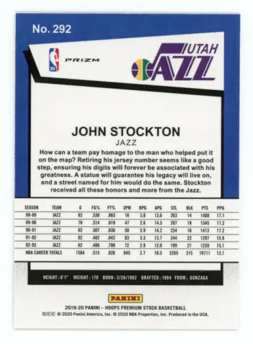 John Stockton 2019-20 Hoops Premium Stock Silver #292 Utah Jazz Basketball Card