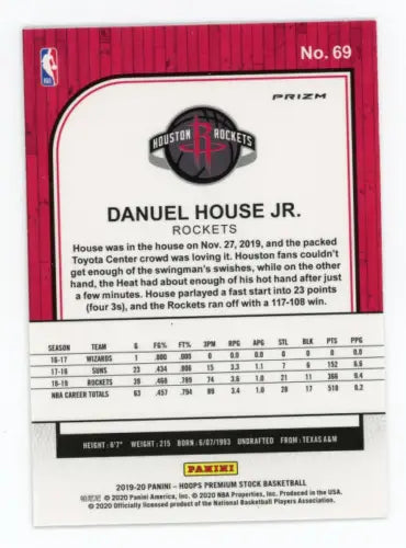 Danuel House Jr. basketball card from 2019-20 Hoops Premium Stock featuring Houston Rockets