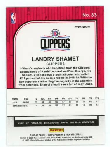 Landry Shamet basketball card from 2019-20 Hoops Premium Stock Silver, Los Angeles Clippers