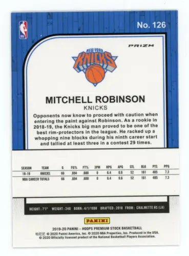 Mitchell Robinson 2019-20 Hoops Premium Stock Silver Laser basketball card for NY Knicks