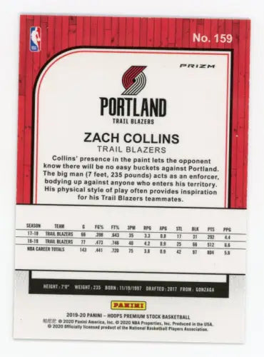 Zach Collins 2019-20 Hoops Premium Stock Silver Laser basketball card for collectors