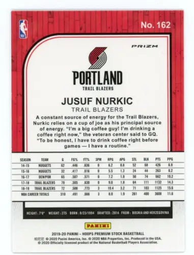 2019-20 Hoops Premium Stock Silver Laser #162 Jusuf Nurkic Trail Blazers Basketball Card