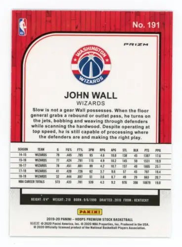 John Wall basketball card from 2019-20 Hoops Premium Stock Silver Laser NM-MT