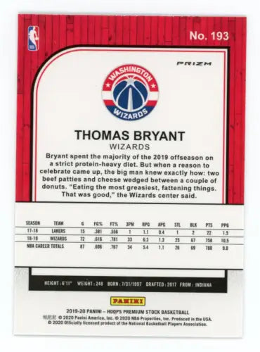 Thomas Bryant 2019-20 Hoops Premium Stock Silver Laser basketball card NM-MT