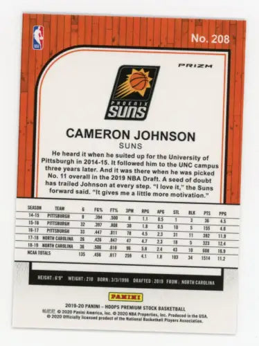 Cameron Johnson Rookie Suns card from 2019-20 Hoops Premium Stock Silver Laser