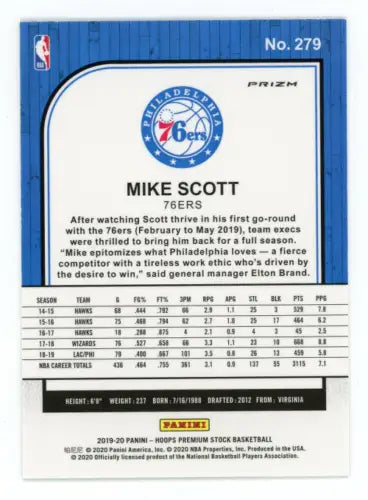 Mike Scott 76ers basketball card from 2019-20 Hoops Premium Stock Silver Laser series