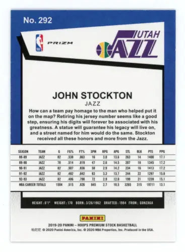 John Stockton 2019-20 Hoops Premium Stock Silver Laser Card NM-MT Utah Jazz