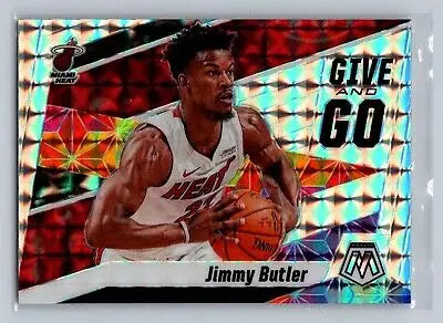 Jimmy Butler basketball card from 2019-20 Mosaic #15 Give and Go Prizm flat rate