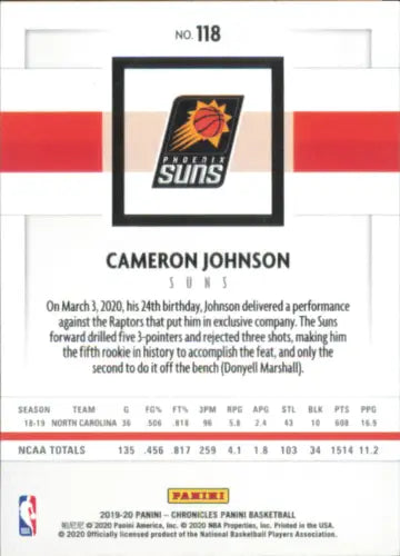 Cameron Johnson 2019-20 Panini Chronicles card showcasing Phoenix Suns rookie talent