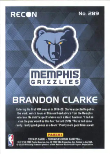 Brandon Clarke 2019-20 Panini Chronicles Rookie Card for Grizzlies NM-MT condition