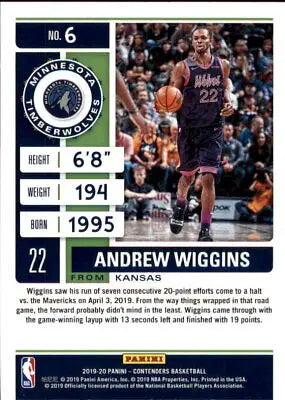 Andrew Wiggins basketball card from 2019-20 Panini Contenders NBA Minnesota Timberwolves