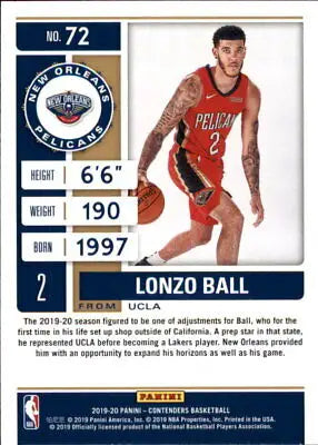 2019-20 Panini Contenders #72 Lonzo Ball New Orleans Pelicans Basketball Card