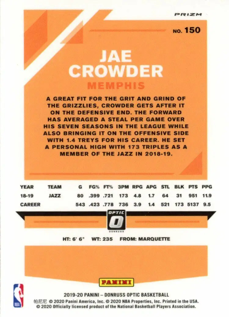 Jae Crowder Holo basketball card from 2019-20 Donruss Optic Memphis Grizzlies #150