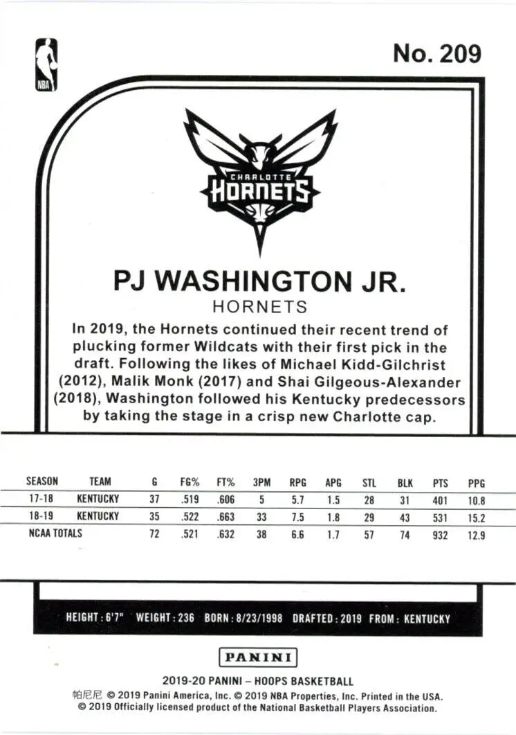 Basketball card featuring 2019-20 Hoops PJ Washington Jr Rookie for Charlotte Hornets