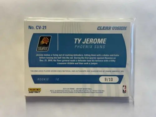 Basketball trading card of Ty Jerome, numbered 9/10, from Panini Instant Clear Vision