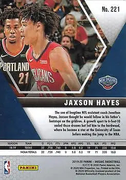 2019-20 Panini Mosaic Jaxson Hayes Rookie Basketball Trading Card New Orleans Pelicans