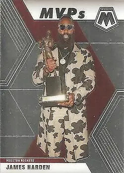 James Harden MVP trading card from 2019-20 Panini Mosaic featuring Houston Rockets