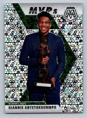 Giannis Antetokounmpo MVP Disco Prizm trading card from 2019-20 Panini Mosaic