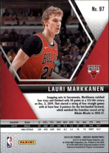 Lauri Markkanen basketball card from 2019-20 Panini Mosaic with original gloss features