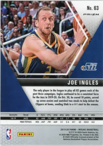 Joe Ingles 2019-20 Panini Mosaic Blue Reactive #63 Utah Jazz Basketball Card