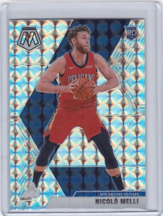 Basketball trading card of Nicolo Melli in red Pelicans uniform, Panini Mosaic Blue