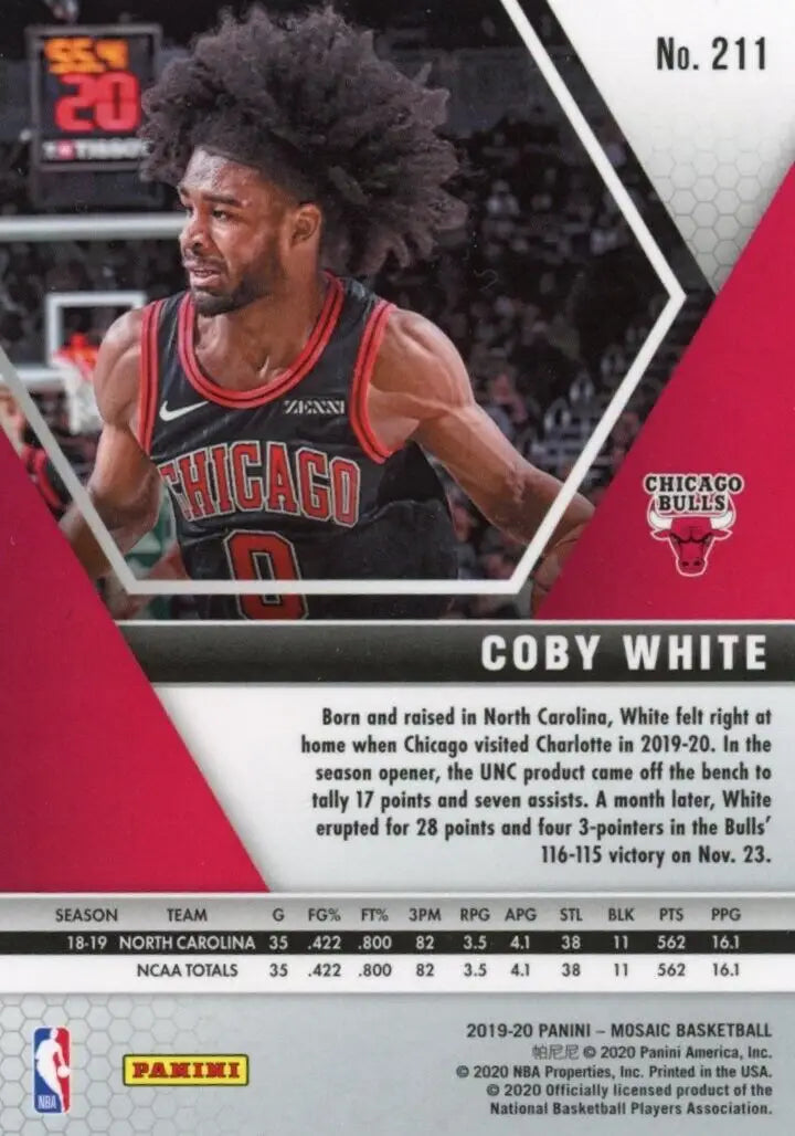 Coby White Rookie card from 2019-20 Panini Mosaic Chicago Bulls #211 NBA