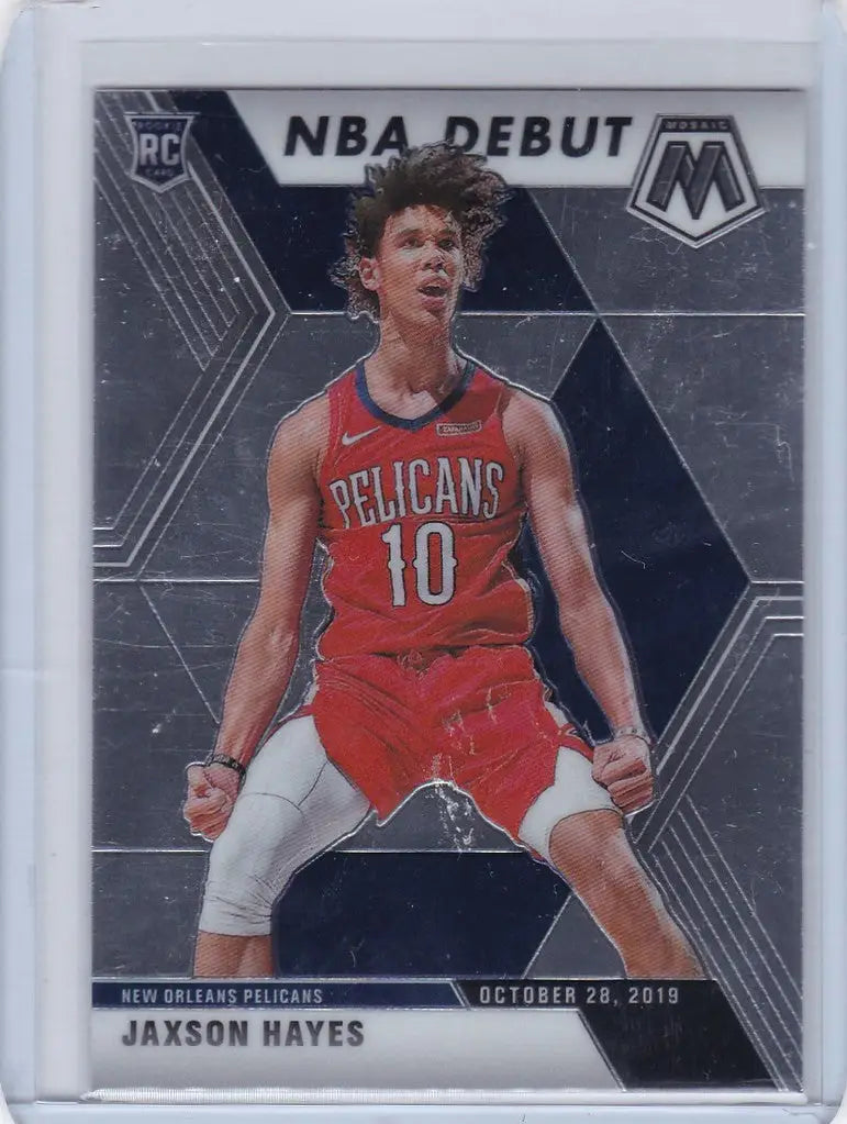 Basketball trading card of Jaxson Hayes in red jersey 10 from 2019-20 Panini Mosaic Debut