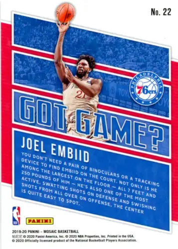 Joel Embiid 2019-20 Panini Mosaic basketball card for Philadelphia 76ers collectors