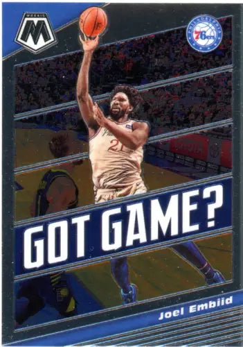 Joel Embiid basketball card from 2019-20 Panini Mosaic for Philadelphia 76ers fans