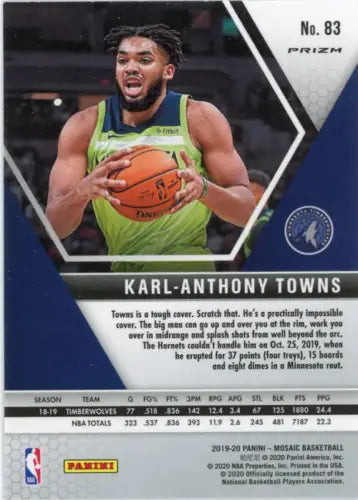 2019-20 Panini Mosaic Green #83 Karl-Anthony Towns Basketball Card Minnesota Timberwolves