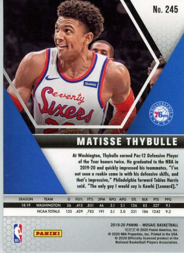 Matisse Thybulle Rookie card from 2019-20 Panini Mosaic featuring Philadelphia 76ers