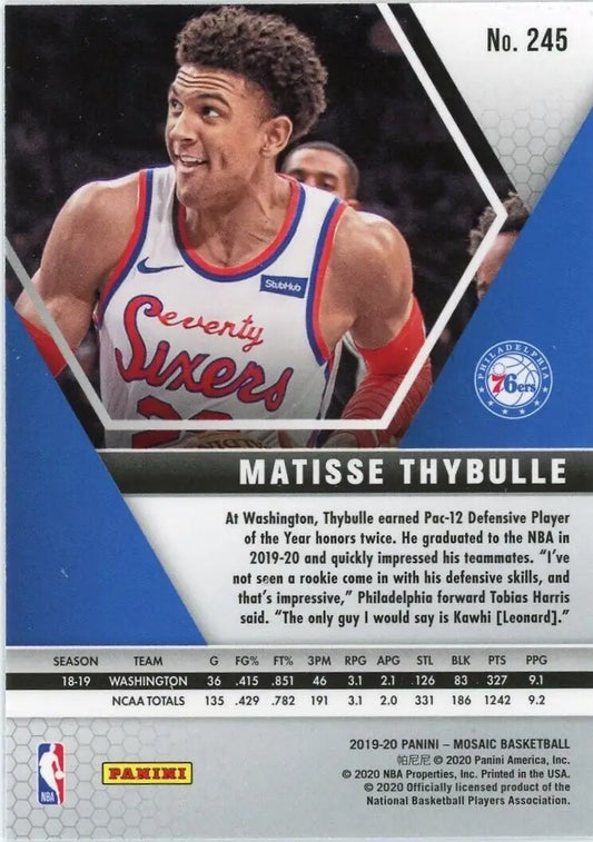 Matisse Thybulle Rookie Card from 2019-20 Panini Mosaic Philadelphia 76ers NBA