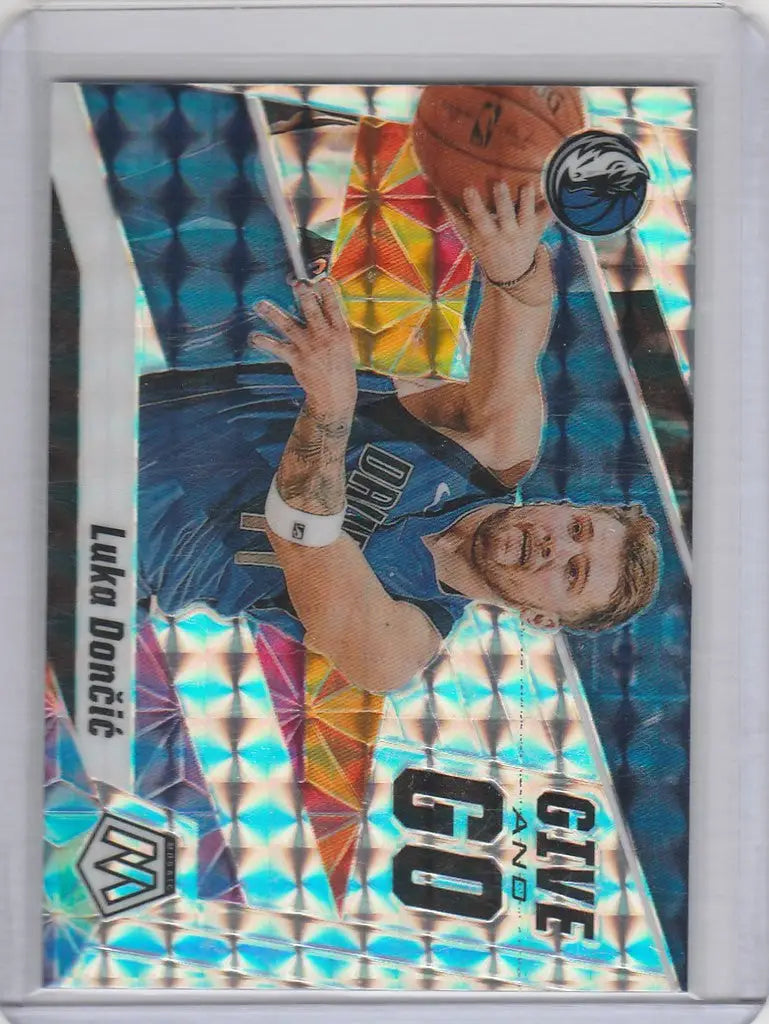 Holographic Panini Mosaic Prizm Luka Doncic Dallas Mavericks trading card in blue uniform