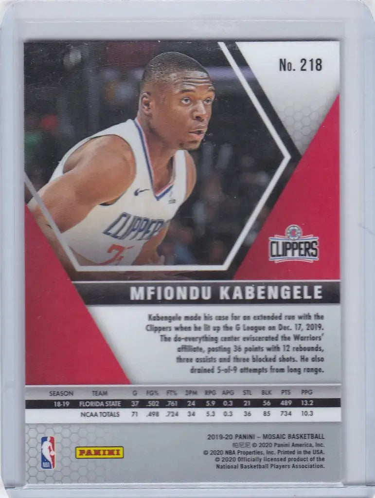 Basketball trading card of Mfiondu Kabengele from the Los Angeles Clippers, 2019-20 Panini Mosaic