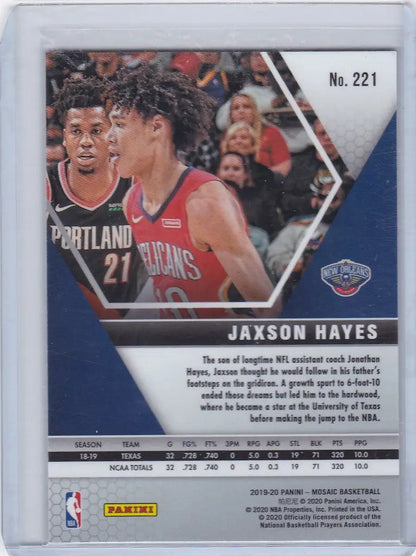 Basketball trading card of Jaxson Hayes from the New Orleans Pelicans Panini Mosaic